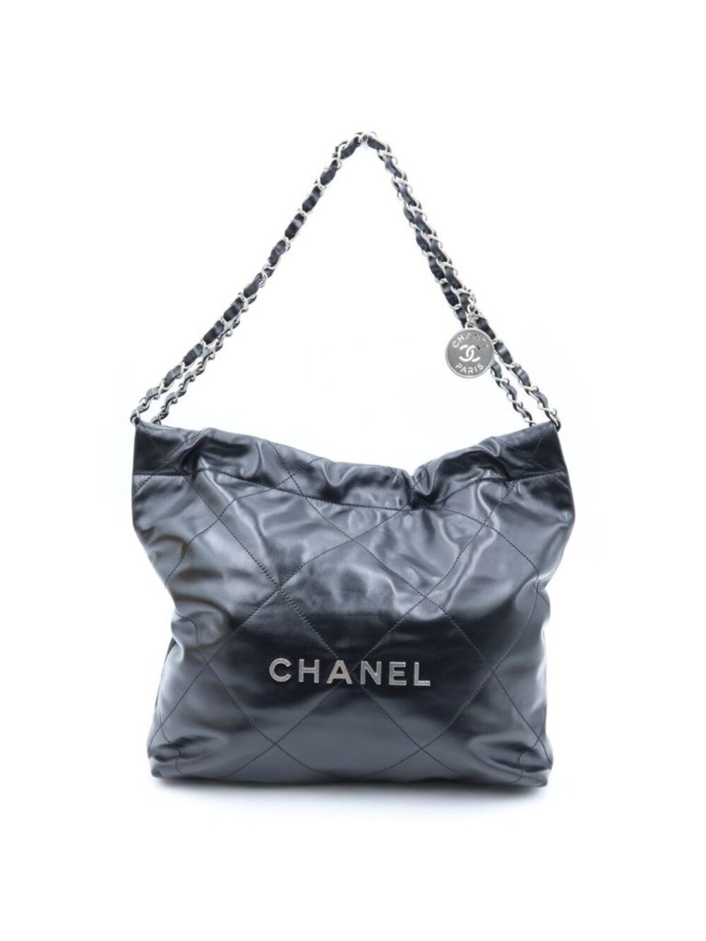 Chanel 22 Small Drawstring Chain Shoulder Bag Black Calfskin Silver